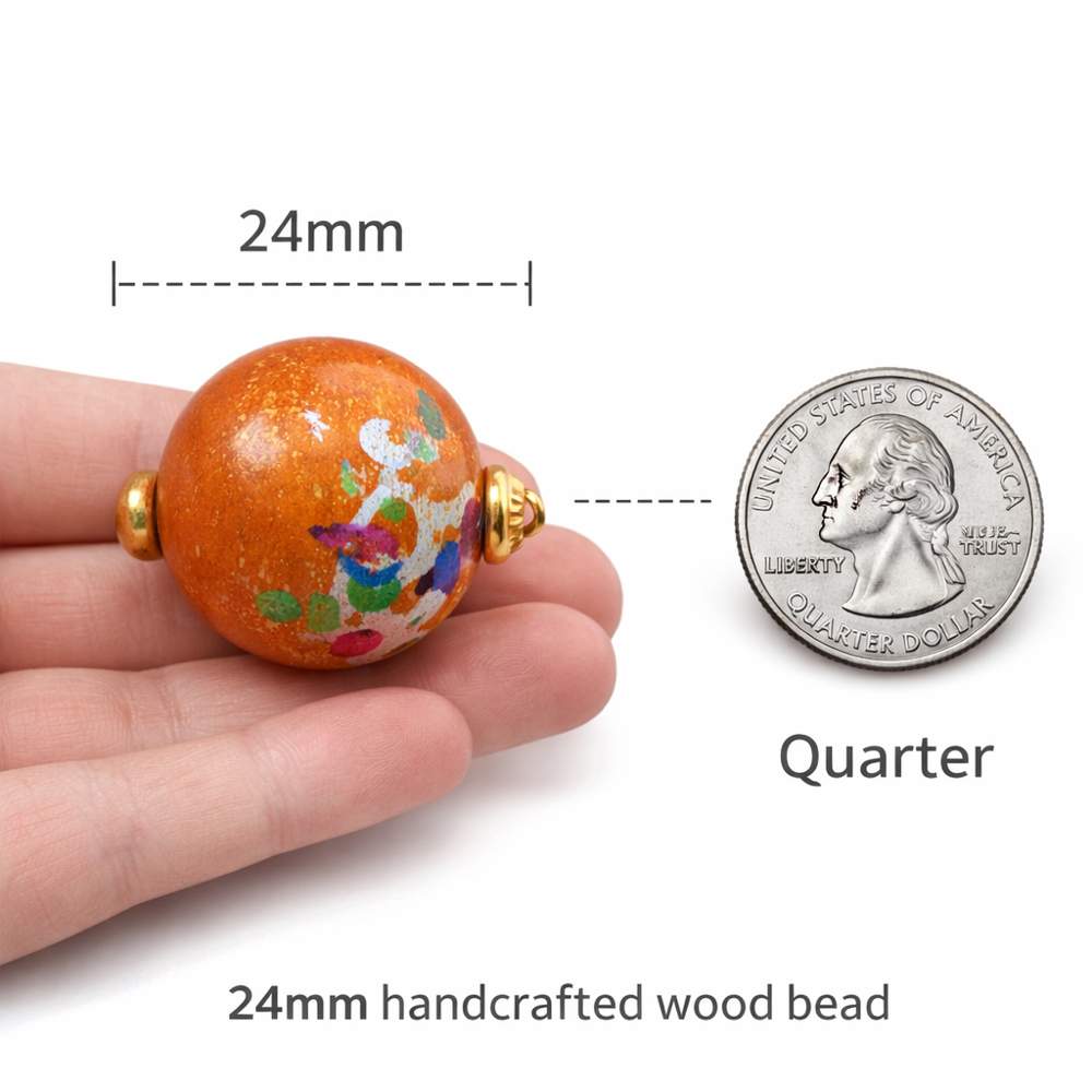 24mm handcrafted wood bead size comparison next to a quarter coin showing large statement bead scale