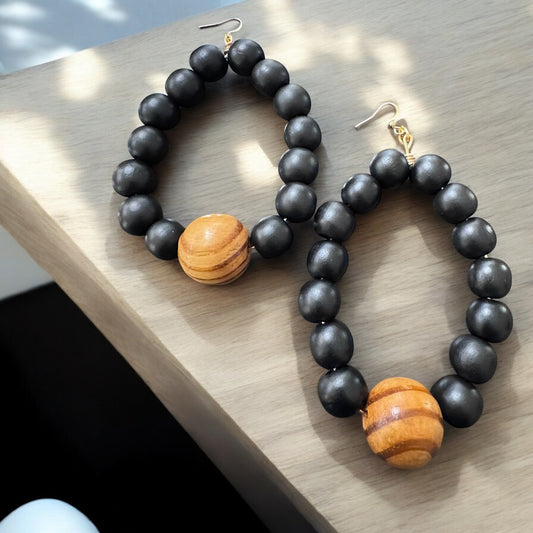 Black & Brown Boho Wood Bead Earrings | Large & Handmade