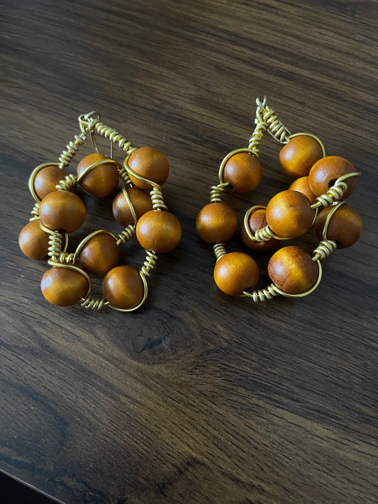 Natural Wood Bead Earrings with Gold Wire Wrap, Handmade