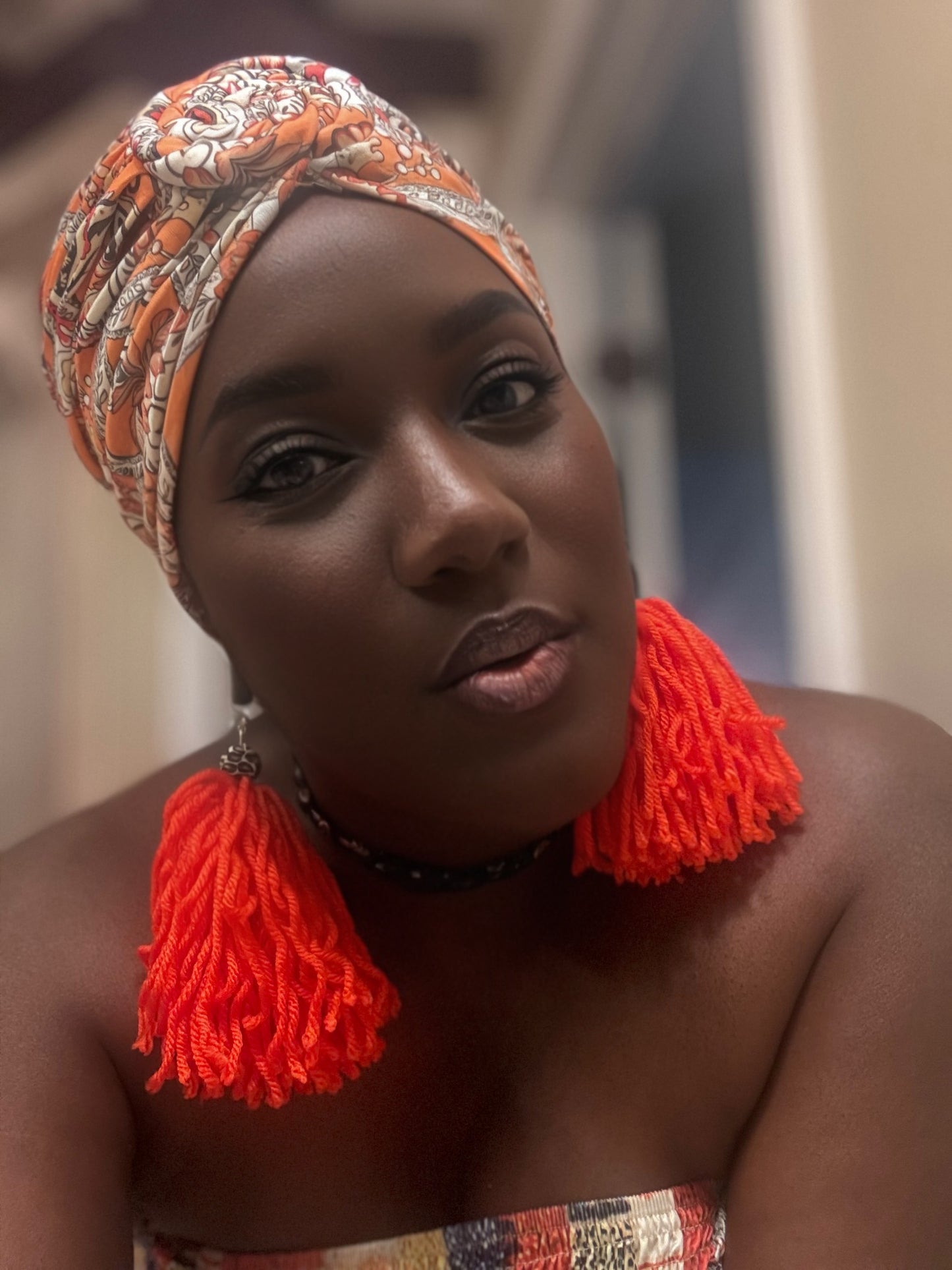 Orange Printed Turban Headwrap With Spiral Knot