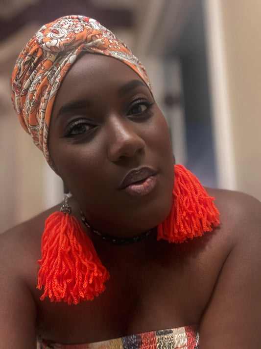 Orange Printed Turban Headwrap With Spiral Knot