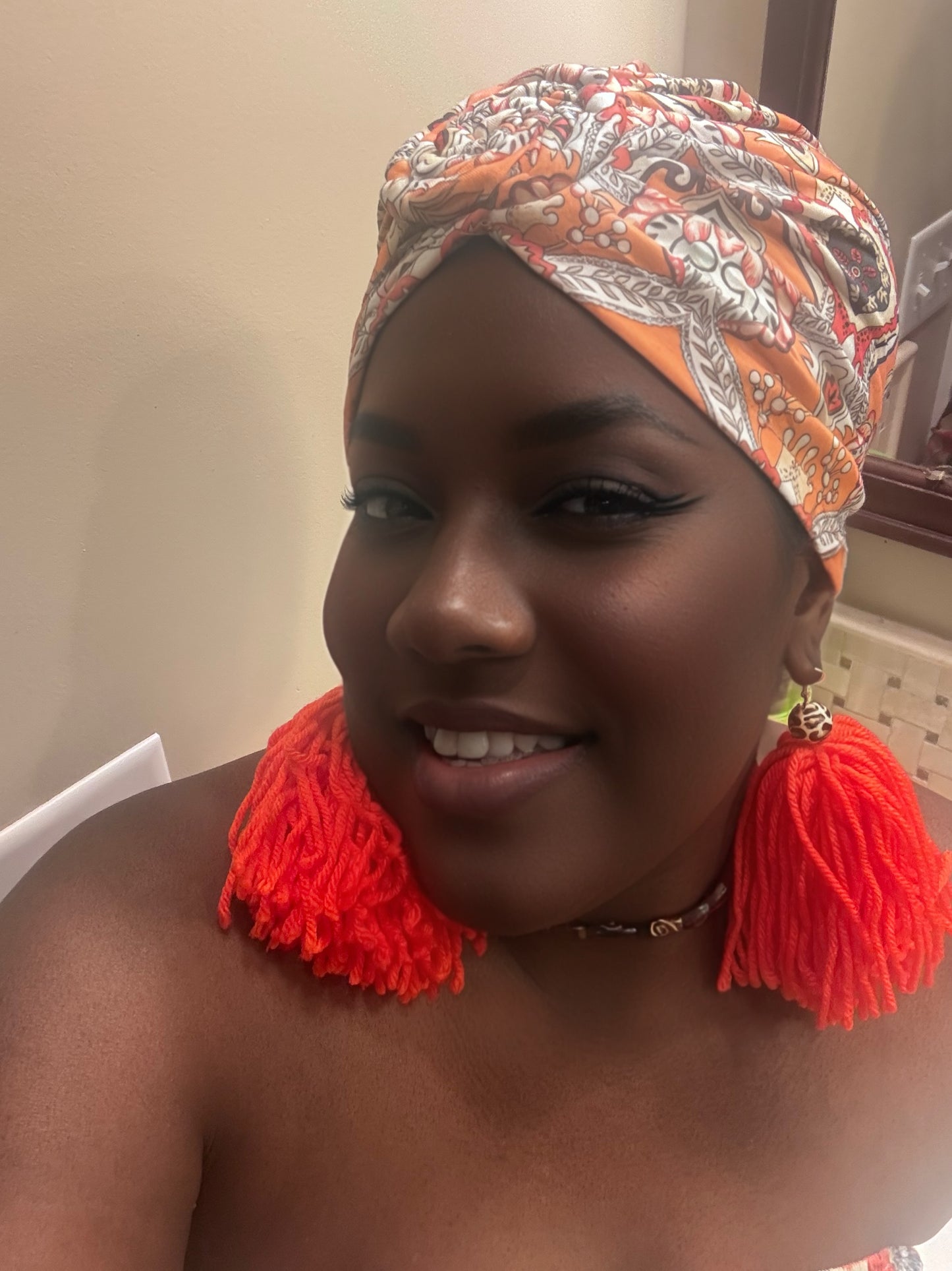 Orange Printed Turban Headwrap With Spiral Knot