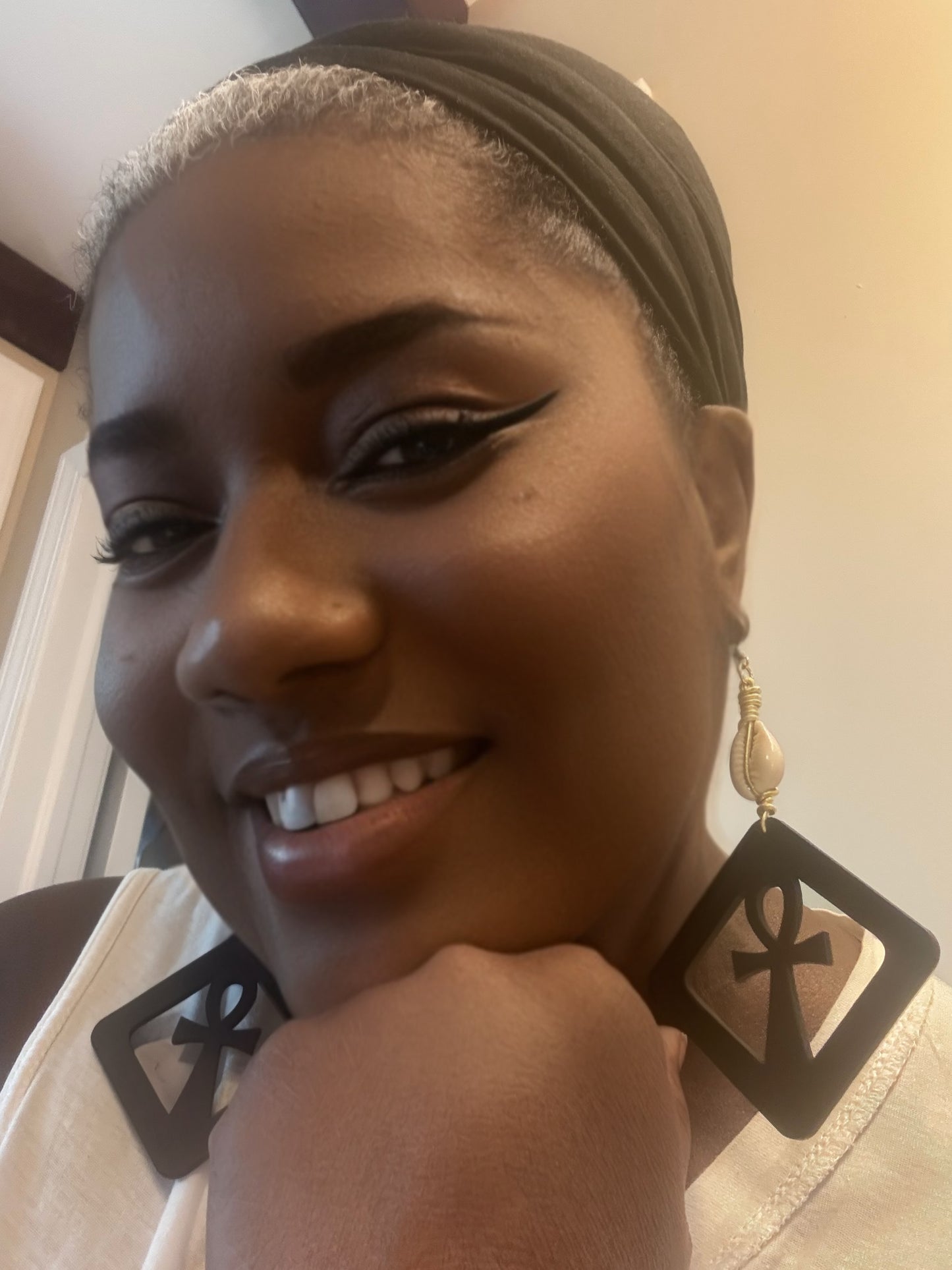 Ankh Cross Earrings With Handmade Goldwire Wrap Cowrie Shell.
