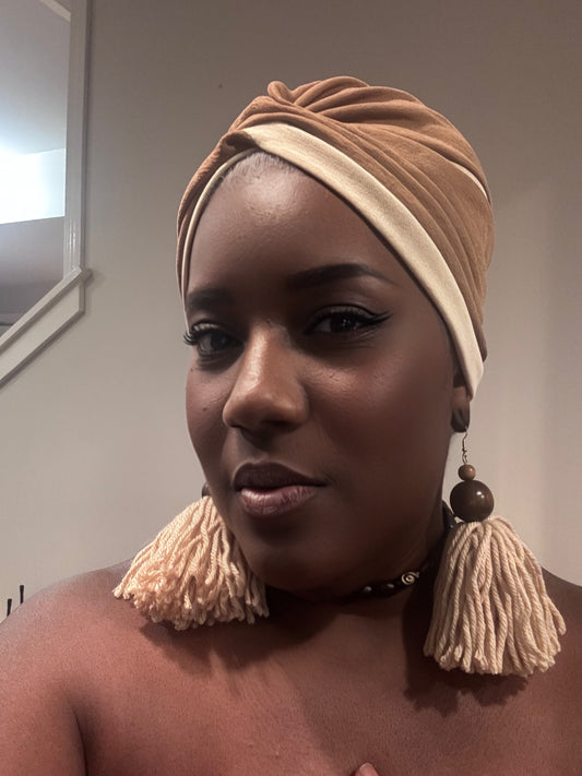 Two-Tone Beige and Tan Turban Headwrap