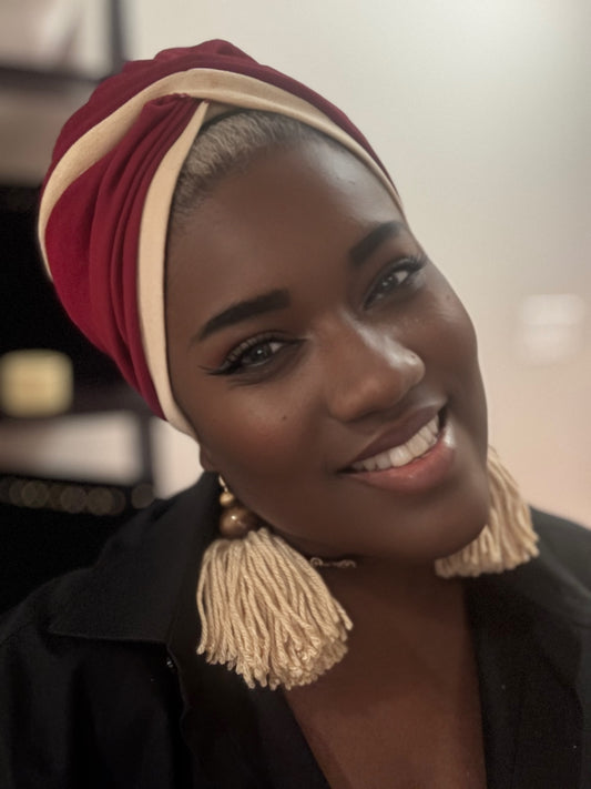Two-Tone Burgundy and Beige Turban Headwrap
