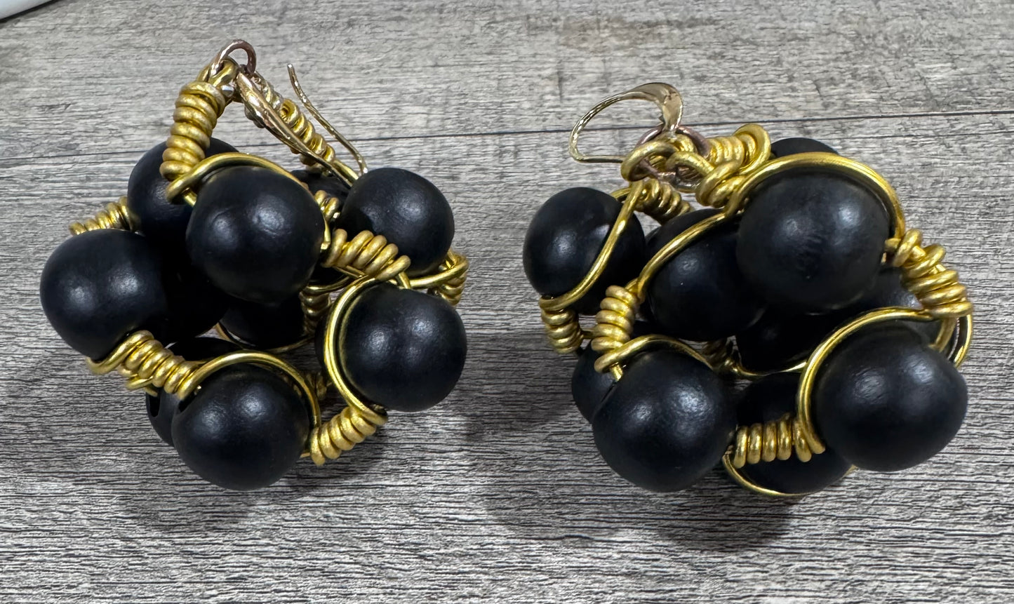 Black Beaded Wood Earrings With Goldwire Wrapping