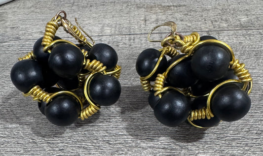 Black Beaded Wood Earrings With Goldwire Wrapping