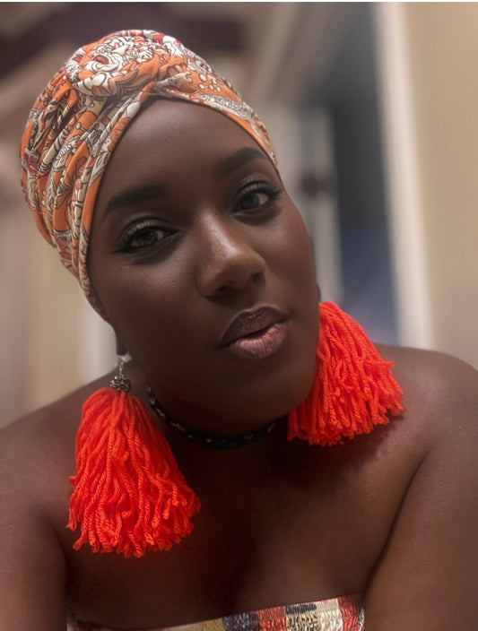 Orange Floral Printed Turban Headwrap Earring Set