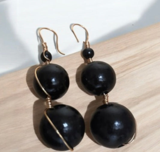 Black Wood 3 Beaded  Tier Handmade Earrings