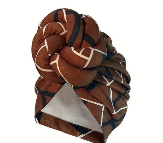 Oversized Knotted Brown and White Turban Headwrap