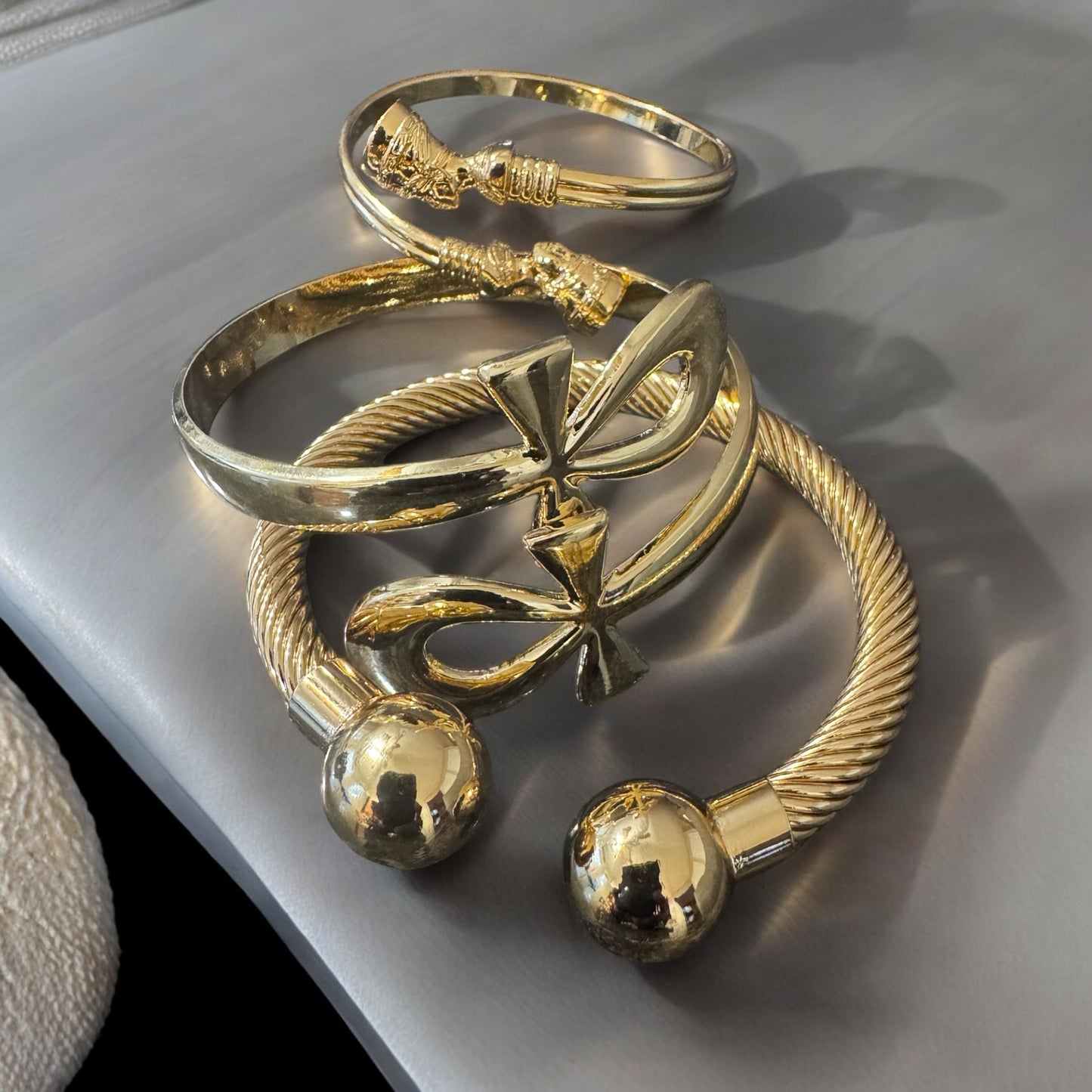 18K Gold Plated Stainless Steel Nefertiti & Ankh Cross Bracelet Stack: Eternal Life & Ancient Wisdom