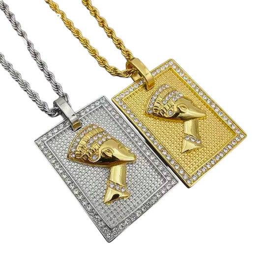 Stainless Steel Nefertiti Necklace - Twisted Rope Chain, Hip Hop Pendant
