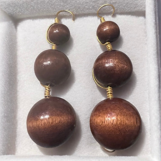 Beautiful Brown Handmade 3-tier Wood Round Beaded Earrings