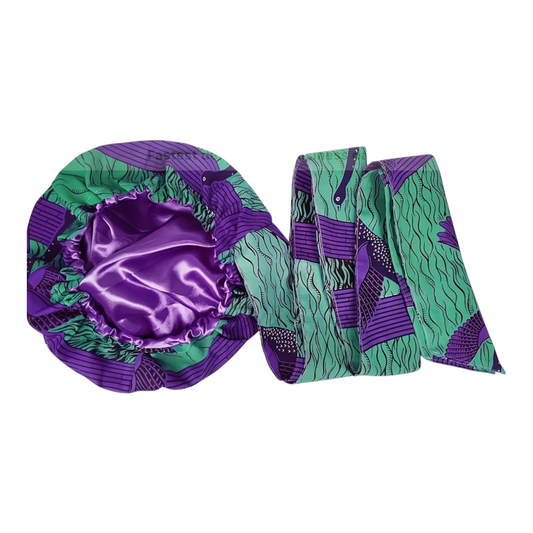 African Purple and Teal Printed Headwrap With Silk Lining