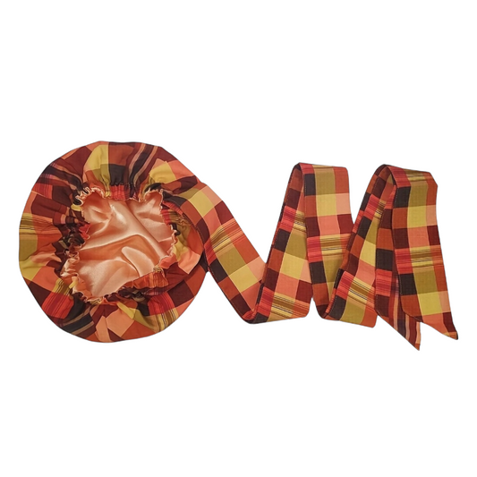 African Orange Checkered Printed Headwrap With Silk Lining