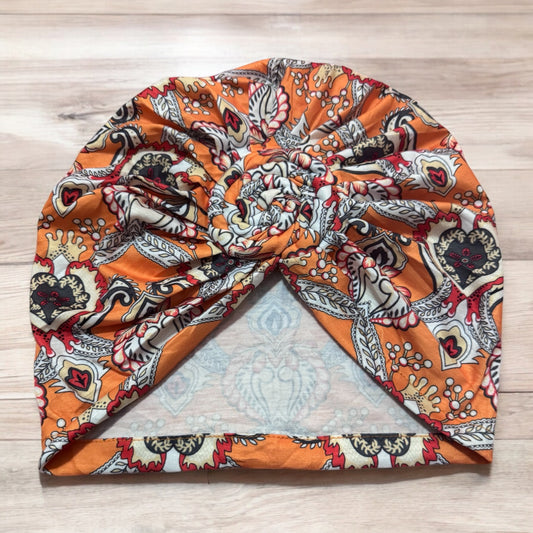 Orange Printed Turban Headwrap With Spiral Knot