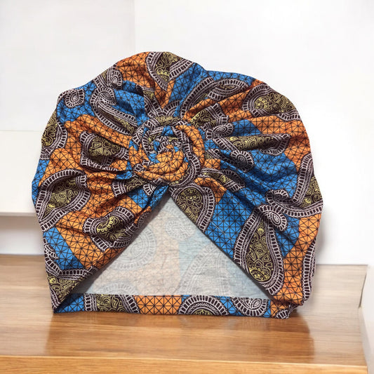 Blue and Orange Printed Turban Headwrap With Spiral Knot