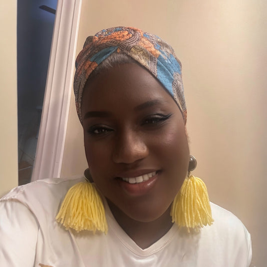 Blue and Orange Printed Turban Headwrap With Spiral Knot