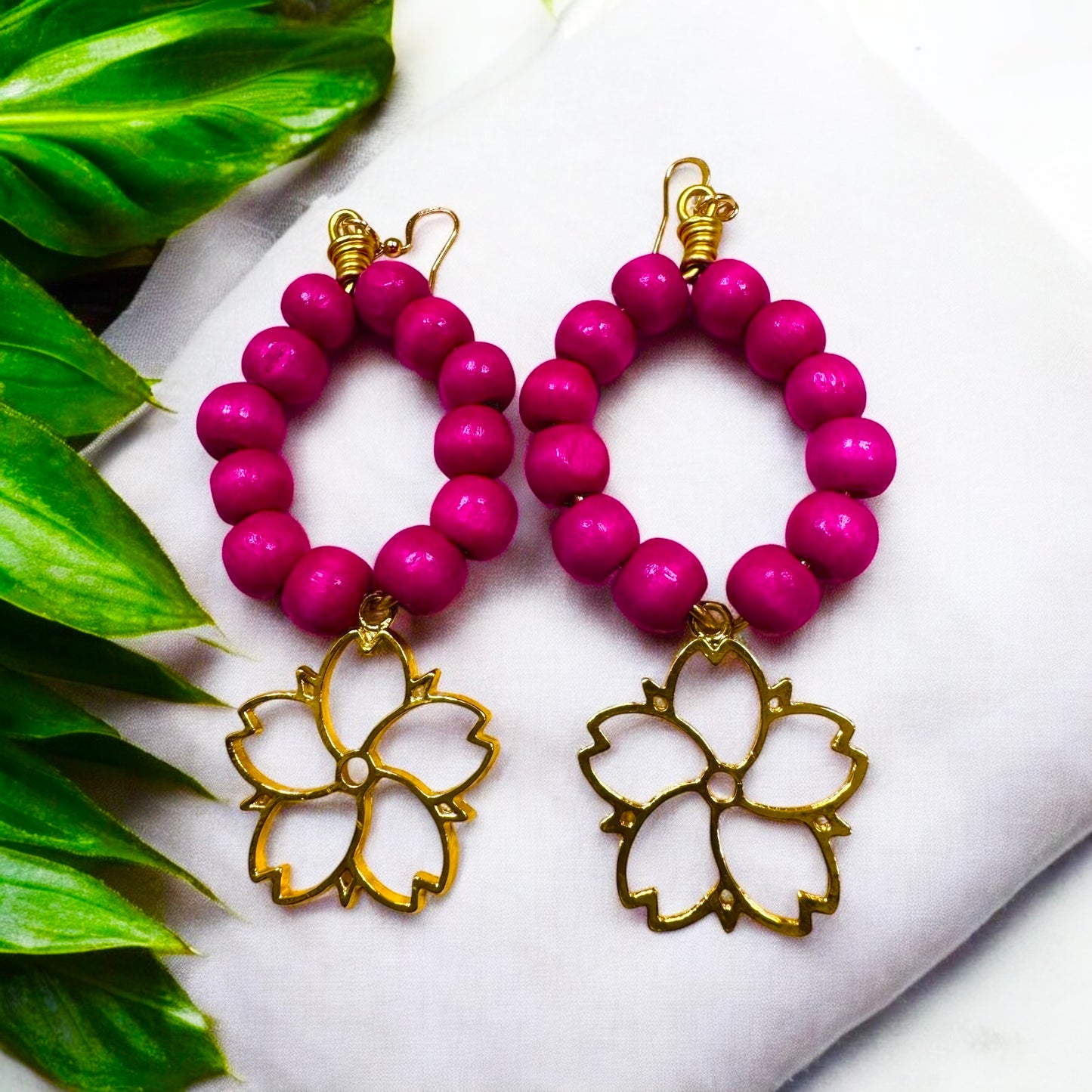 Vibrant Hot Pink Wood Bead Earrings with Gold Color Flower Pendant