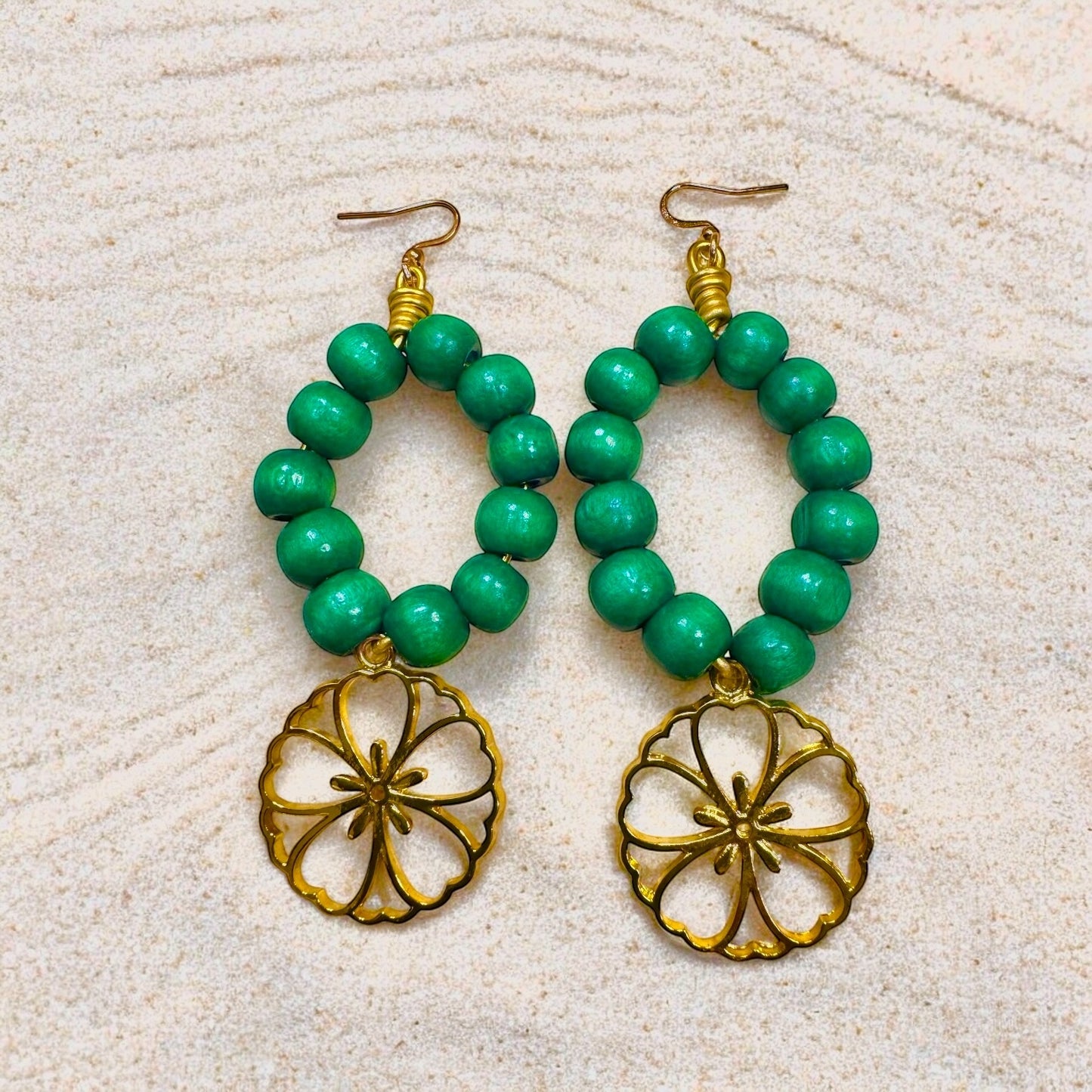 Vibrant Green Wood Bead Earring with Flower Pendant
