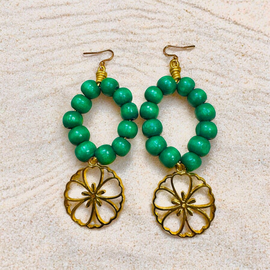 Vibrant Green Wood Bead Earring with Flower Pendant