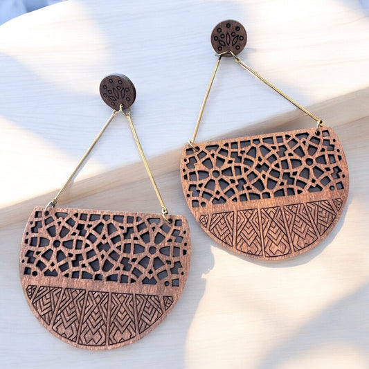 Wood Carved Designed Drop Earrings- 02