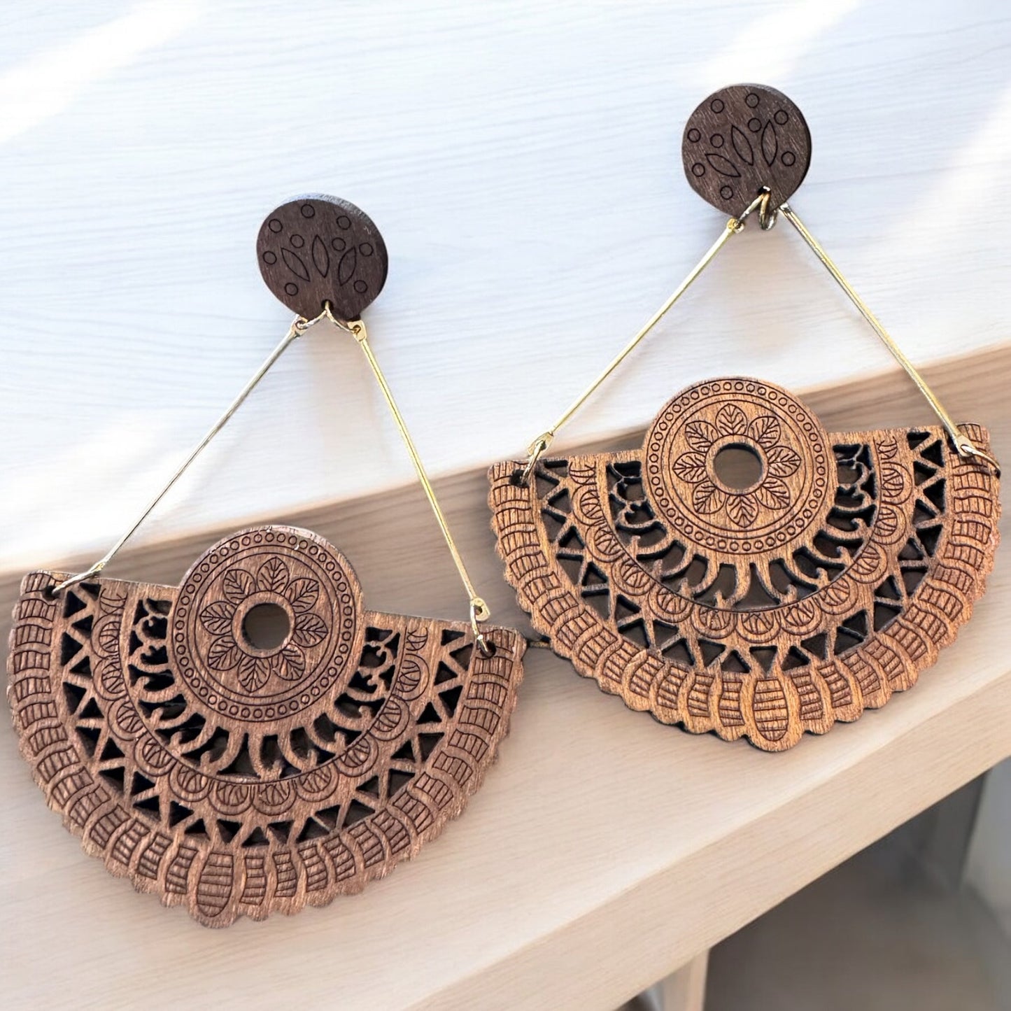 Wood Carved Designed Drop Earrings- 03