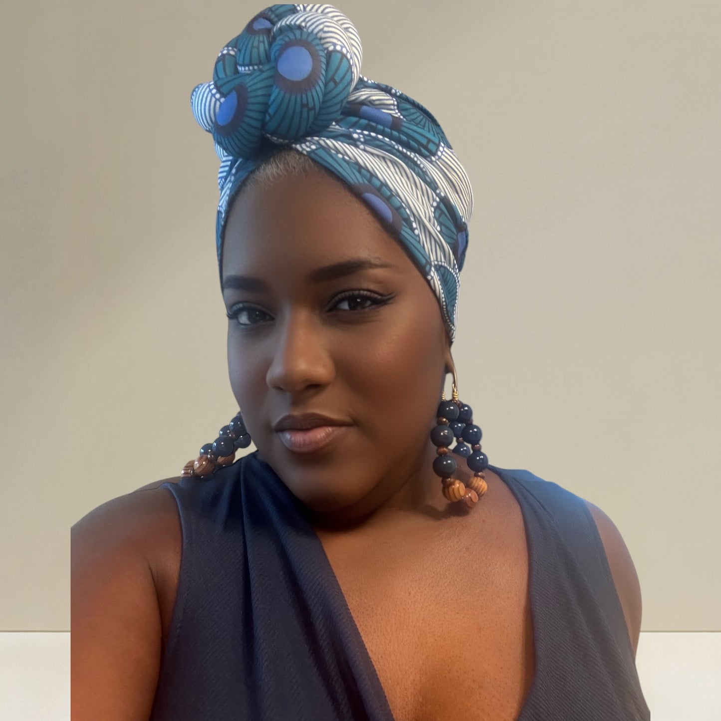 Oversized Knotted Blue and White Print Design Turban Headwrap