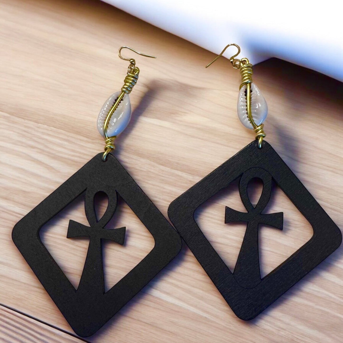 Ankh Cross Earrings With Handmade Goldwire Wrap Cowrie Shell.