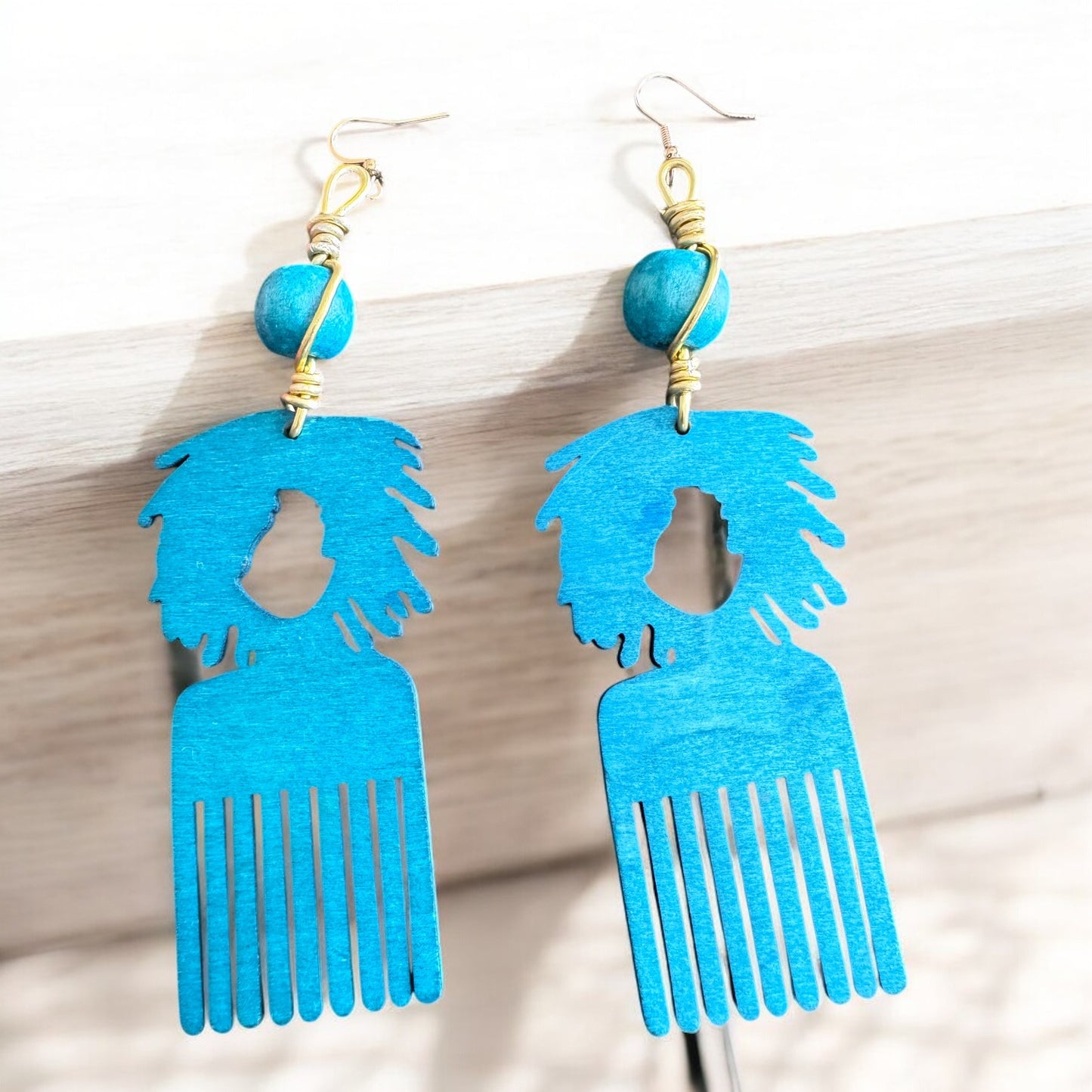 Afro Pick Turquoise Wood Earrings
