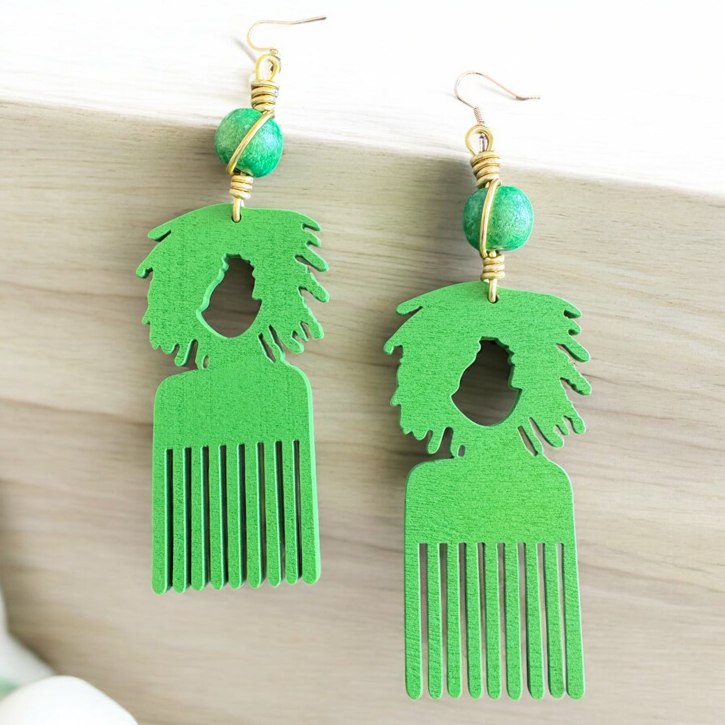 Afro Pick Green Wood Earrings