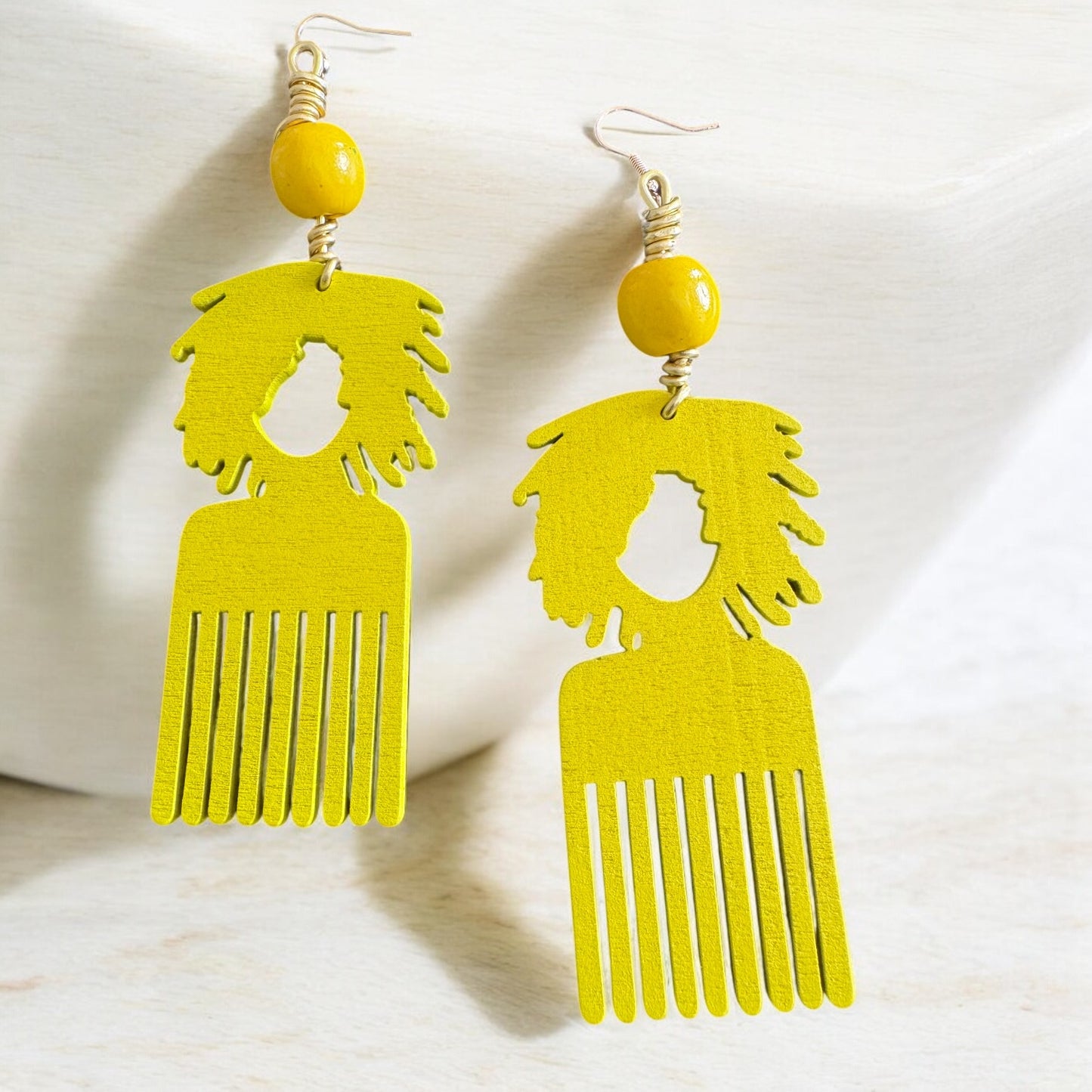 Afro Pick Yellow Wooden Earrings