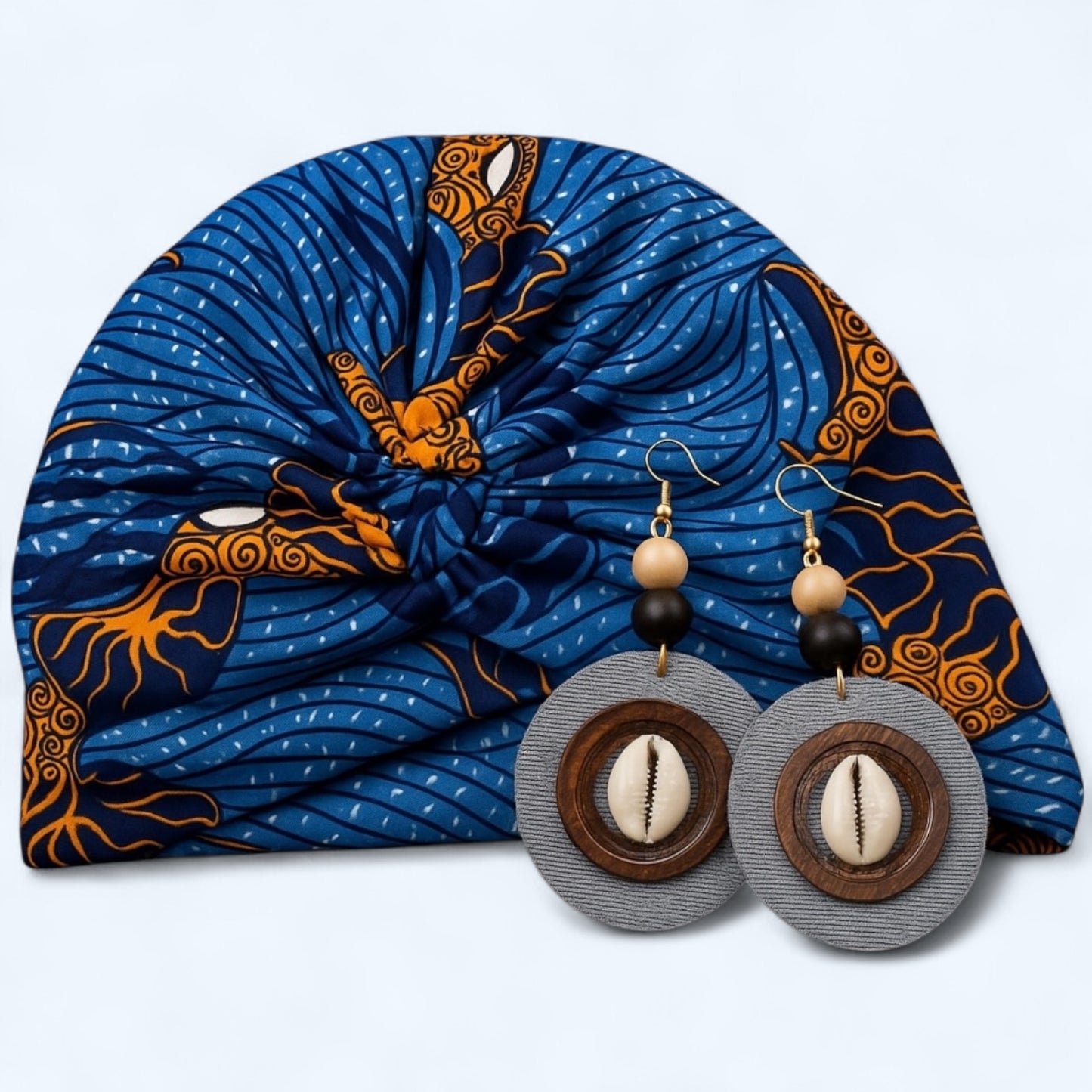 Blue Printed Turban Headwrap Earring Set