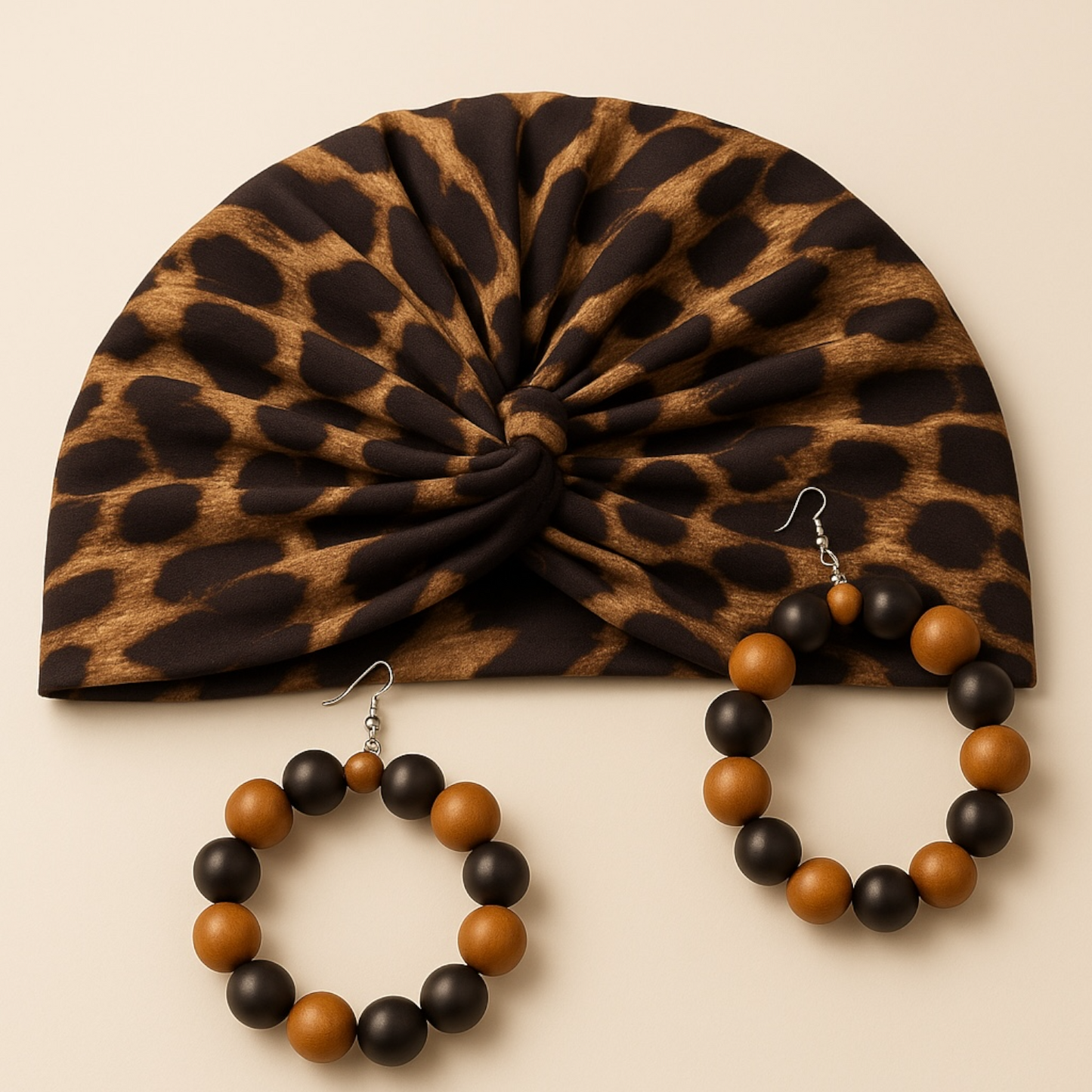 Leopard Print Turban Headwrap Earring Set.