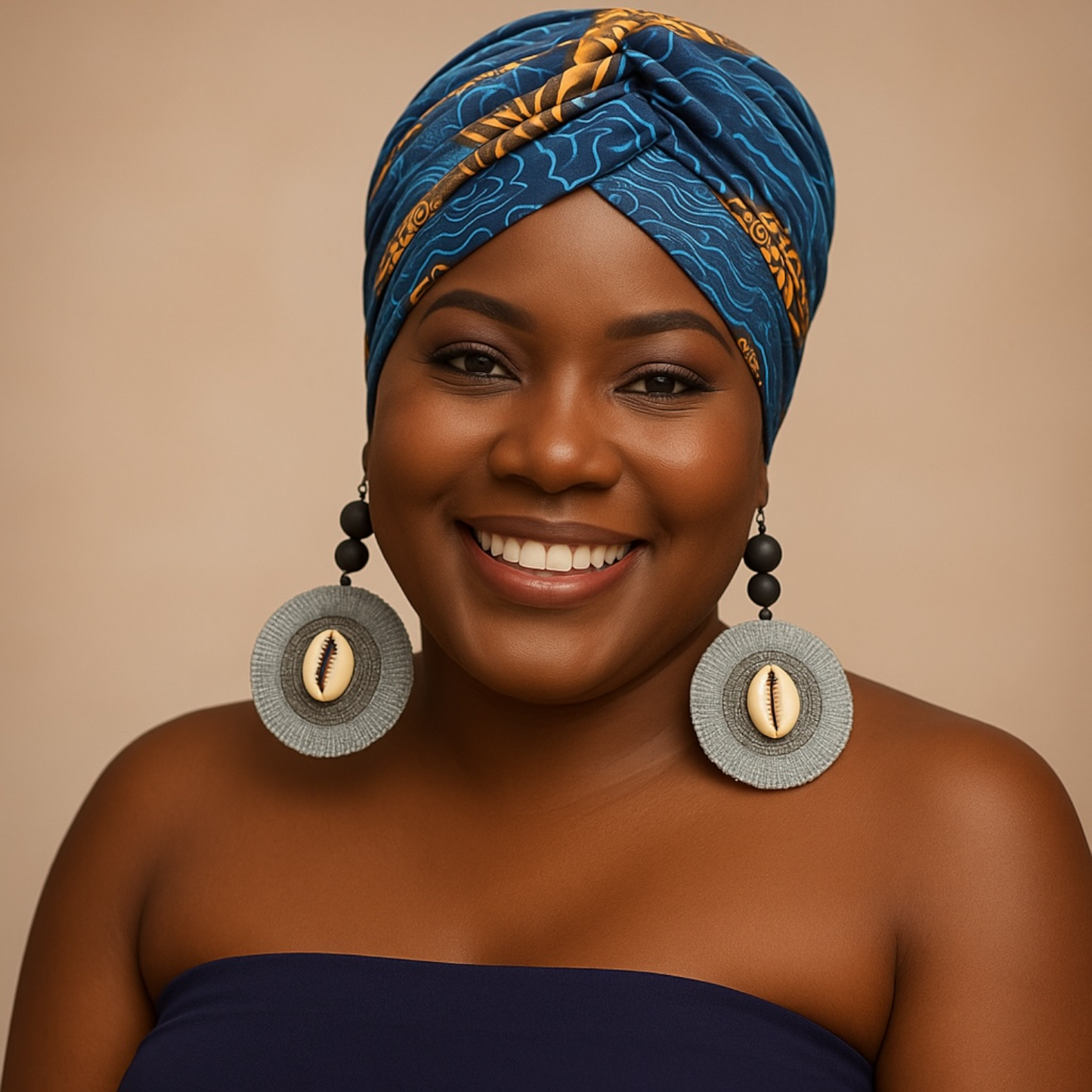 Blue Printed Turban Headwrap Earring Set