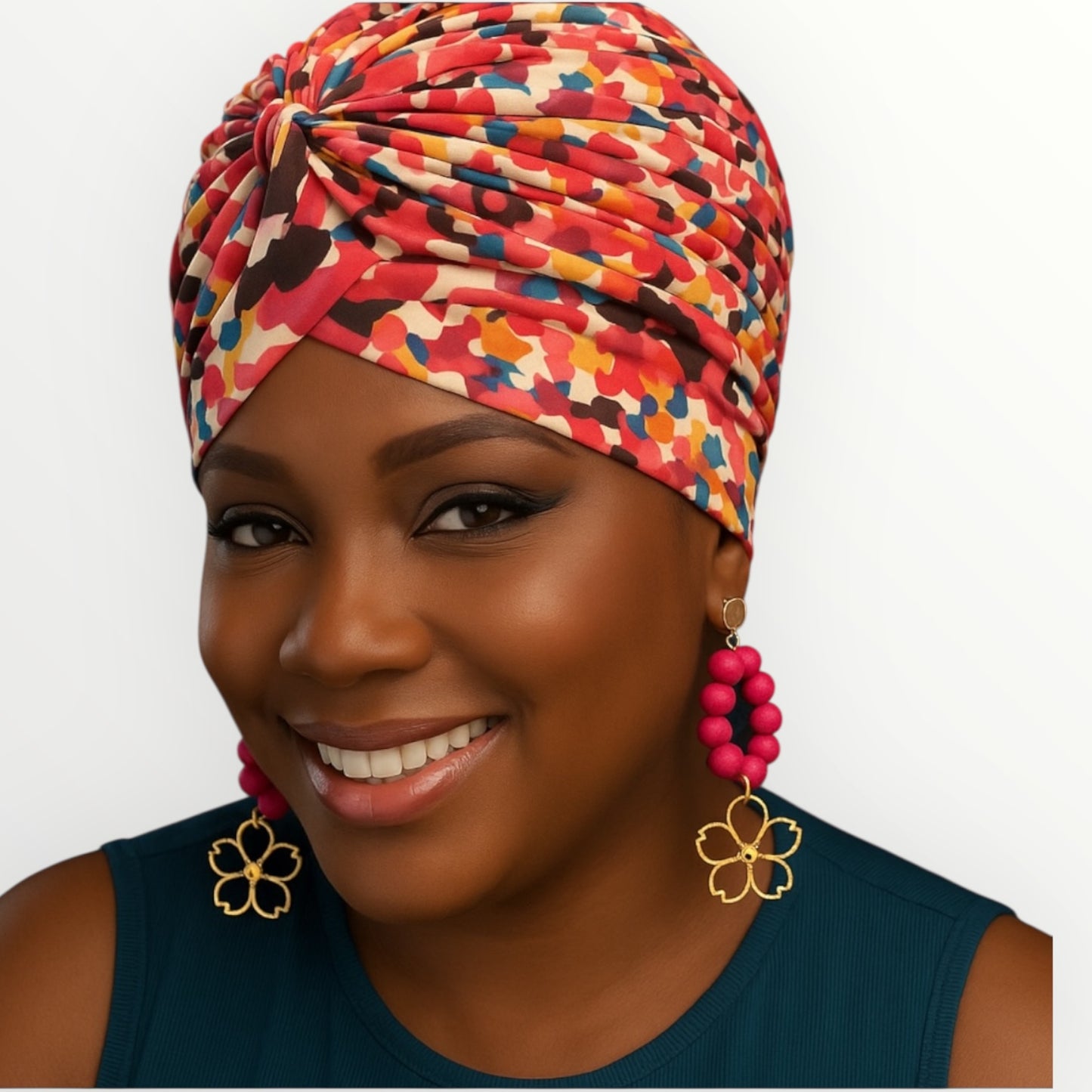 Pink Flower Printed Turban Earring Set