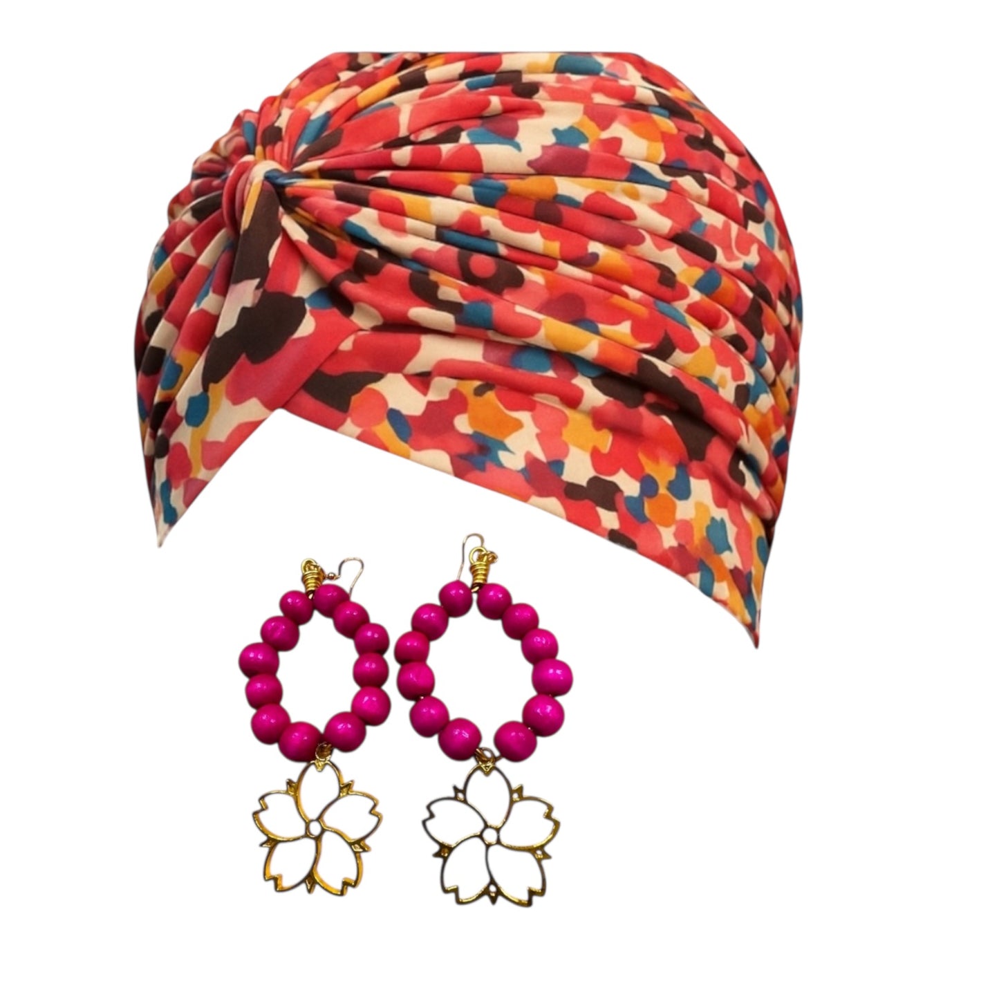 Pink Flower Printed Turban Earring Set
