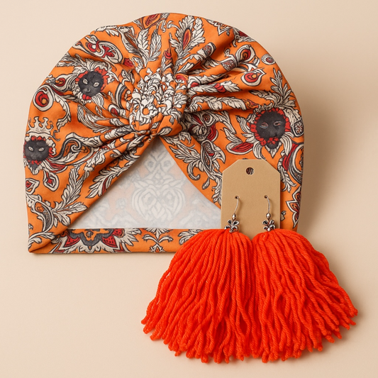 Orange Floral Printed Turban Headwrap Earring Set