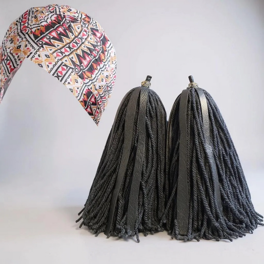 Pyramid Multicolored Turban Headwrap and Black Vinyl Yarn and  Earring Set