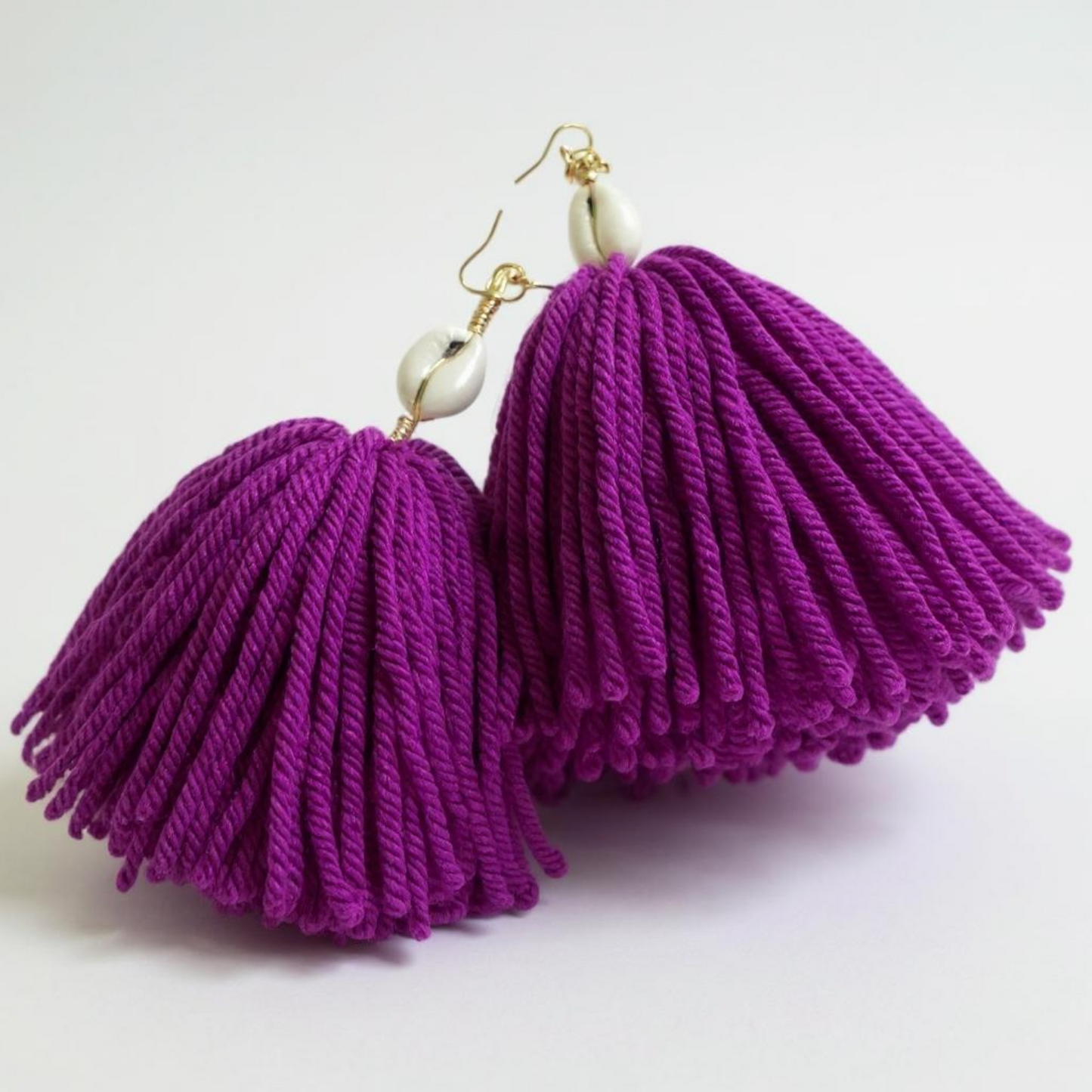 Vibrant Purple Cowrie Shell Tassel Yarn Earrings