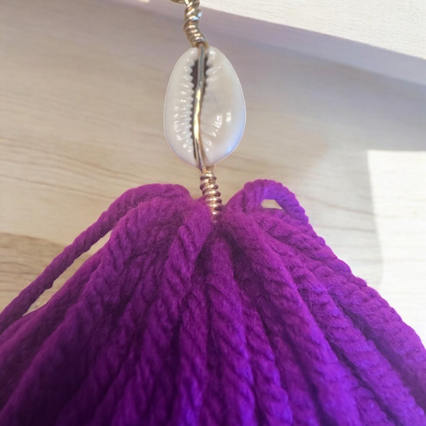Vibrant Purple Cowrie Shell Tassel Yarn Earrings