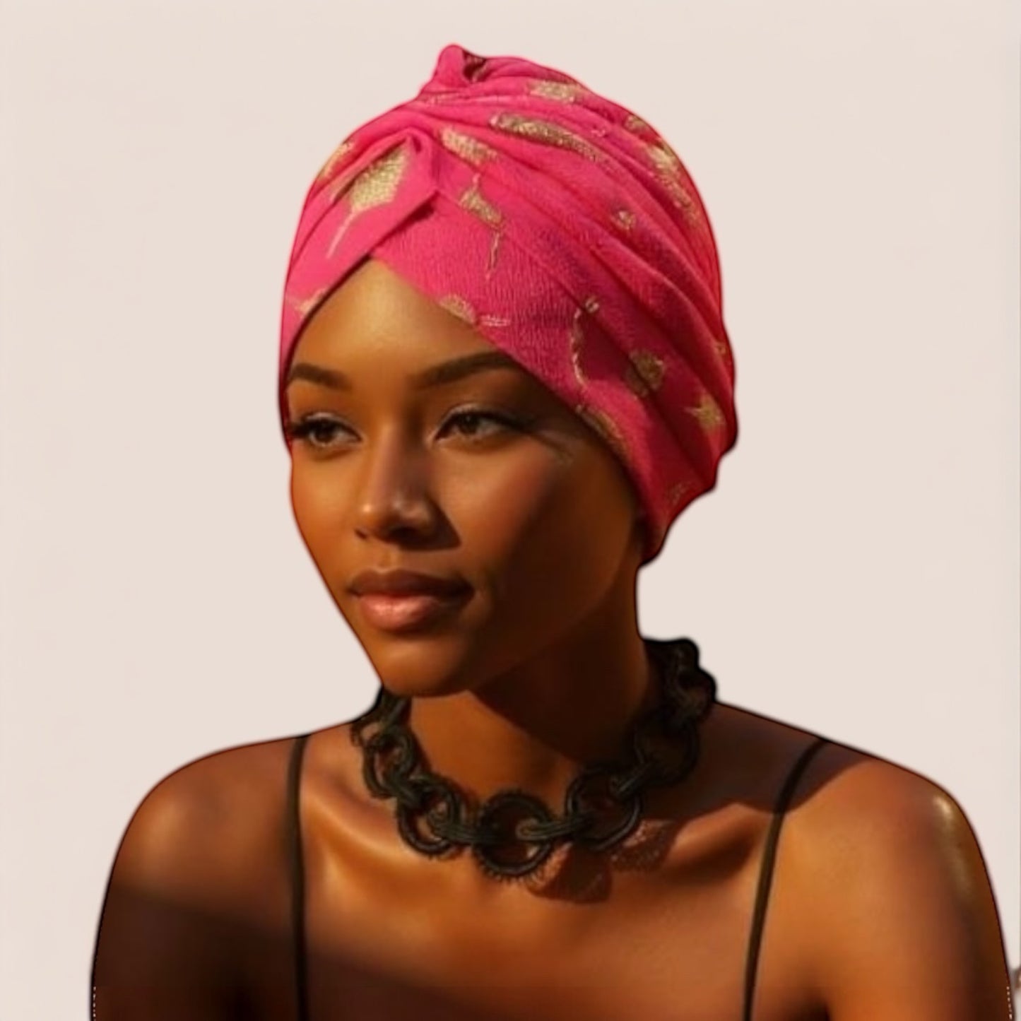 Pink Turban Head Wrap with Gold Flower