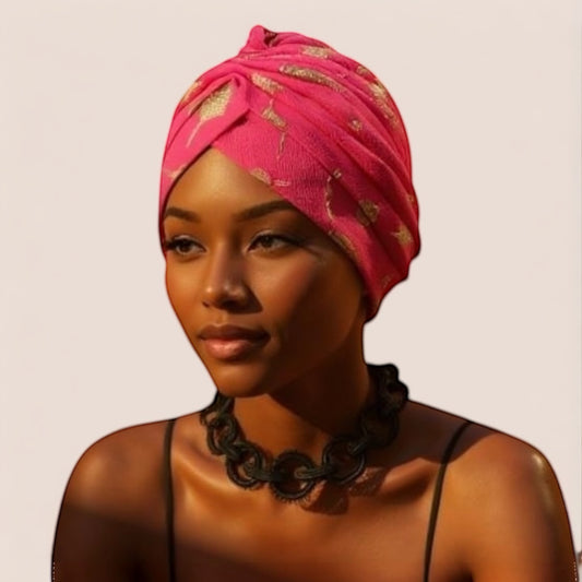 Pink Turban Head Wrap with Gold Flower
