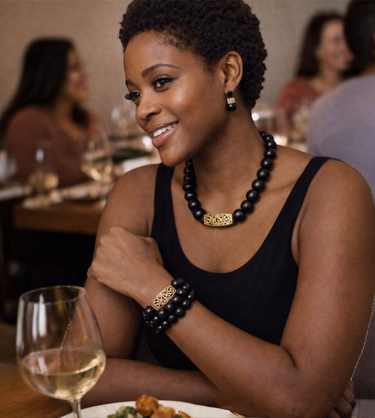 Queen Essence Black & Gold Statement Necklace + Bracelet Set