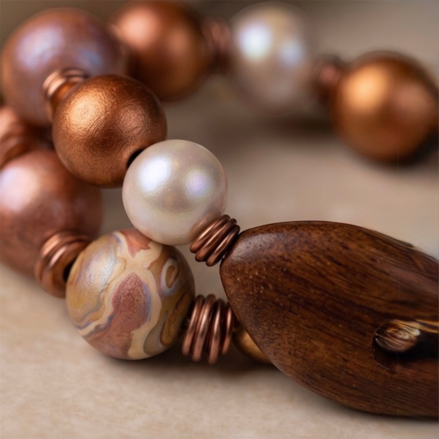 Afrocentric Bronze Wood Statement Necklace & 2-Stack Bracelet Set