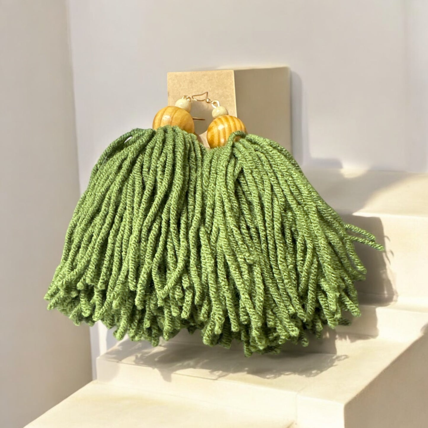Handmade Olive Green Tassel Yarn Earrings