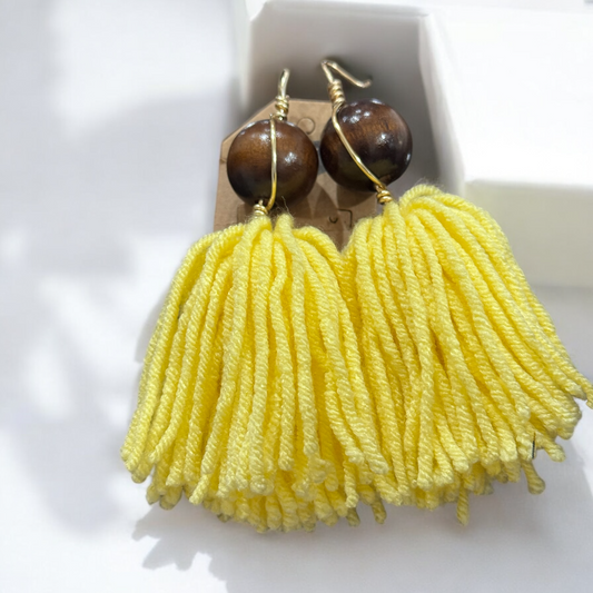 Yellow Tassel Earrings | Handmade Yarn Earrings