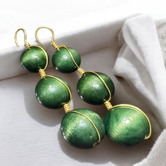 Green Wooden Beaded Earrings with Goldwire Accent - Handmade