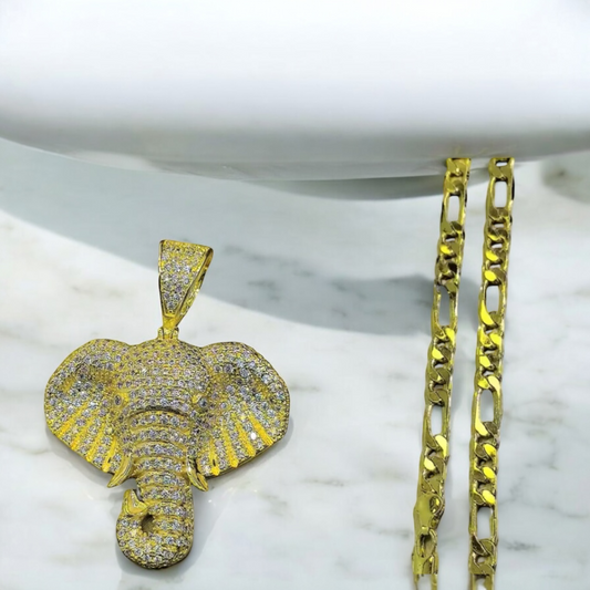 Elephant Pendant 18k Gold Iced Out Figaro Chain Necklace- Hip Hop Jewelry