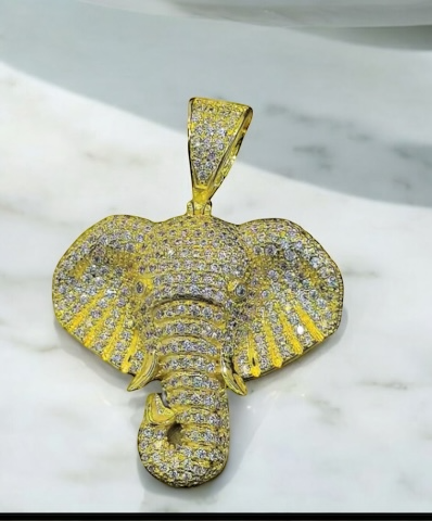 18k Gold Iced Out Elephant Pendant Necklace on Figaro Chain - Hip Hop Jewelry
